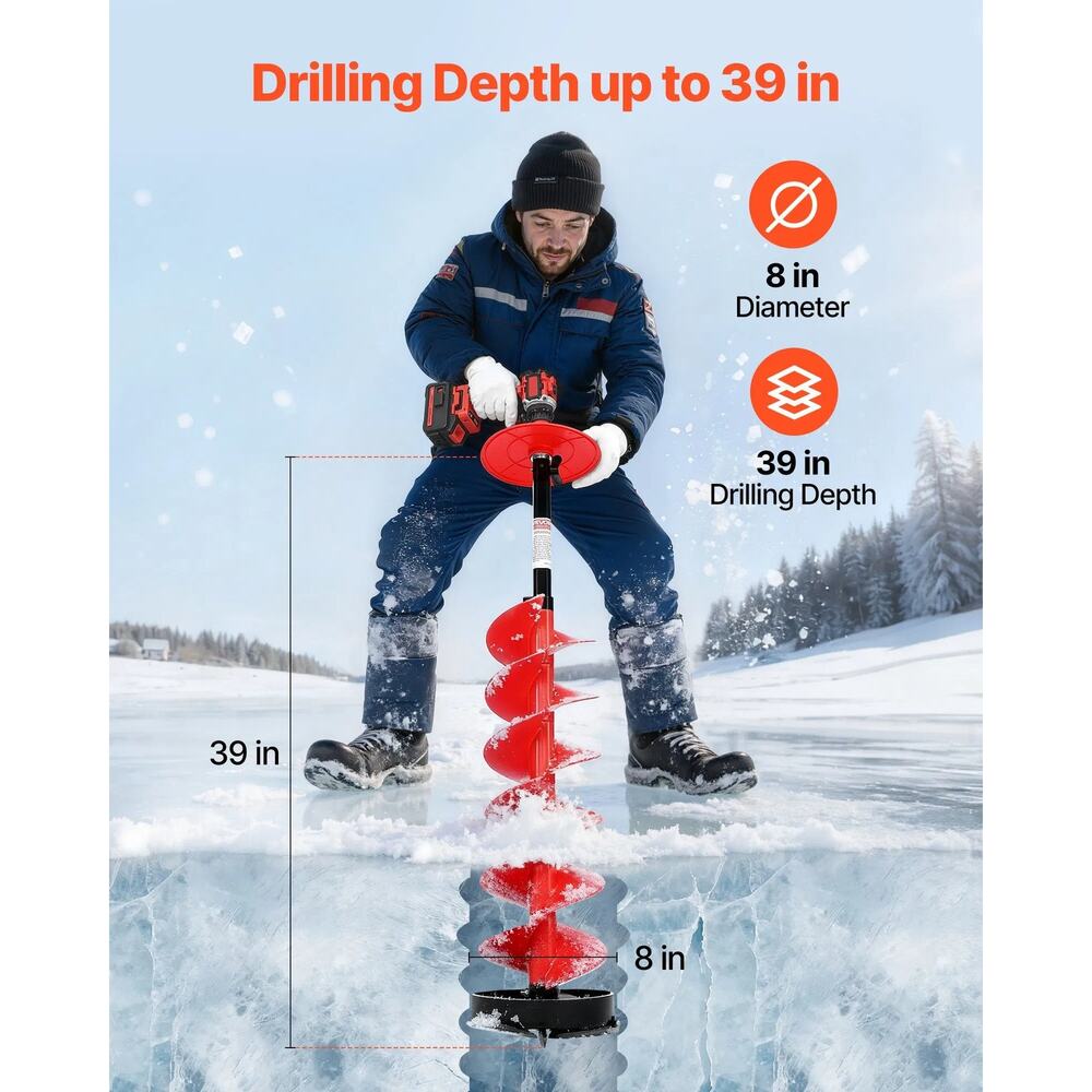 Ice Auger Drill Bit, 8in Diameter 39in Length, Cordless Nylon Ice Fishing Augers